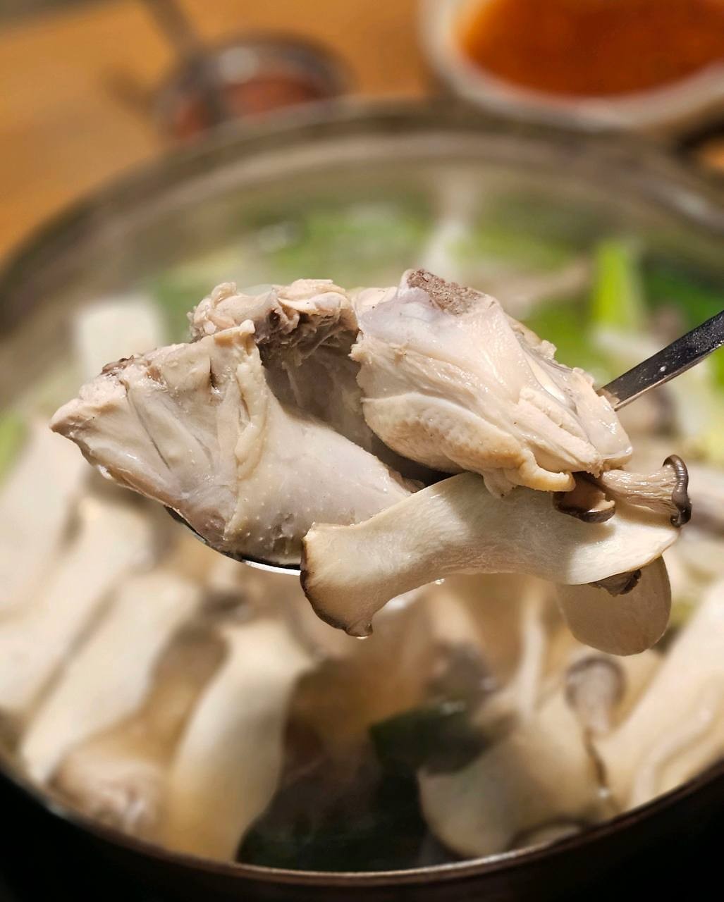 汤勺里的鸡肉与杏鲍菇
