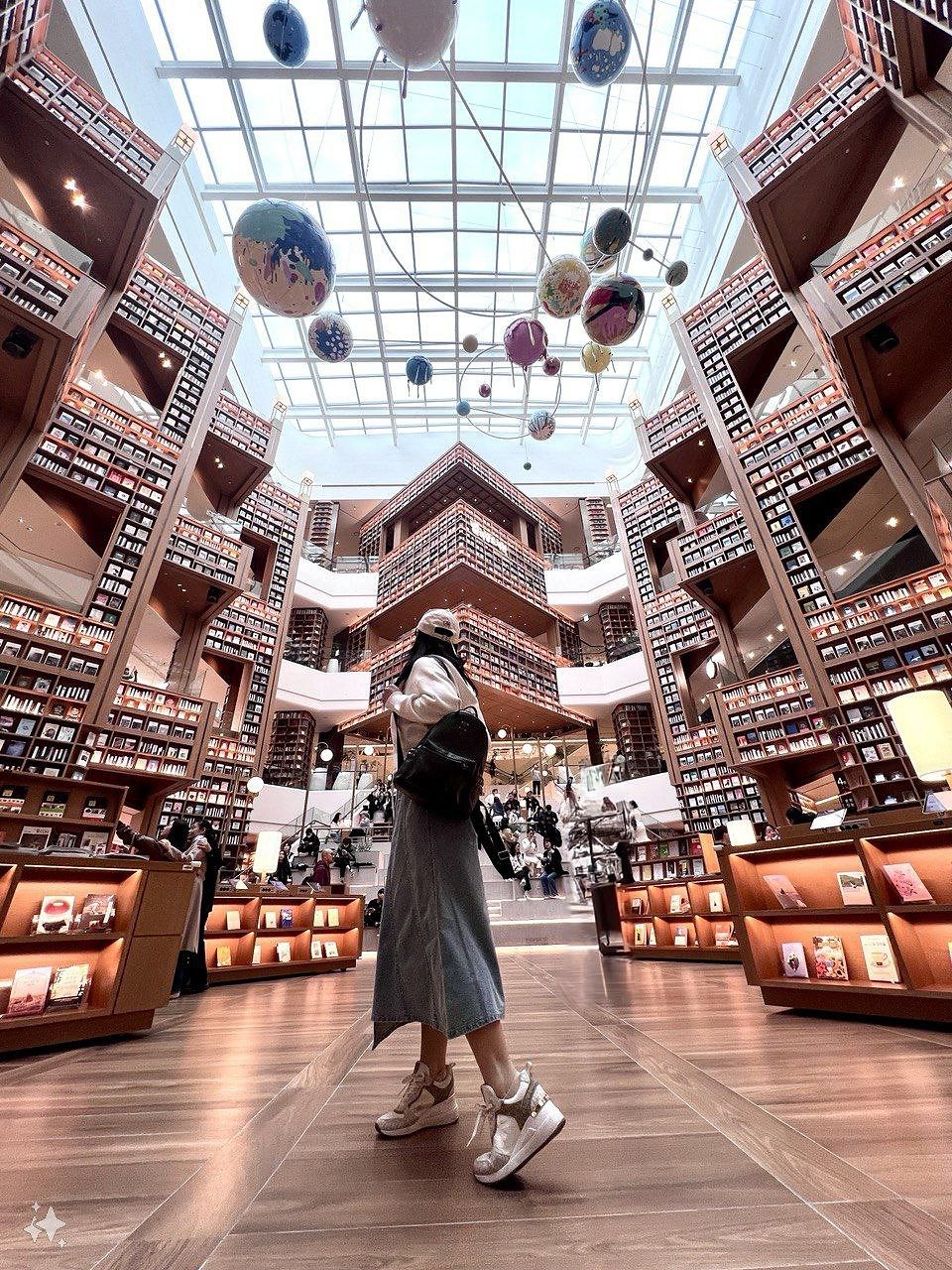 A view beneath the bright skylight at Byeolmadang Library Starfield Suwon