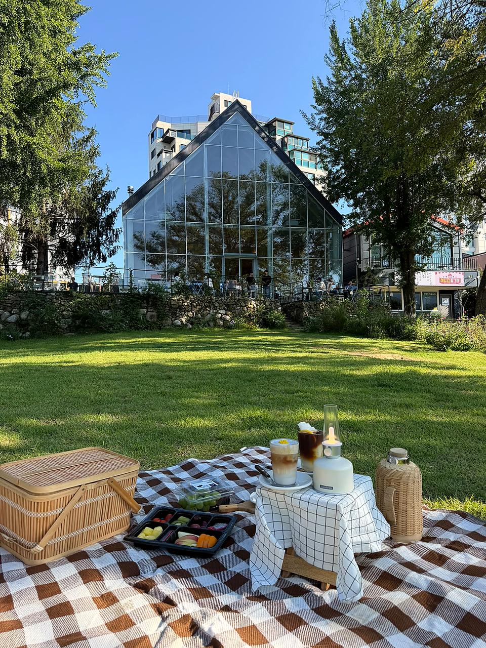玻璃咖啡厅前的草坪野餐场景